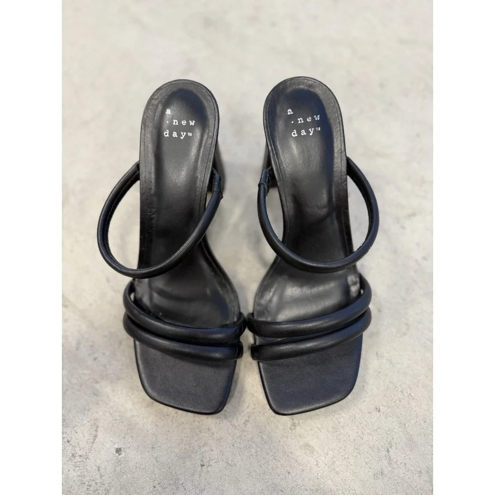A New Day Women's Black Strappy Slip-On Block Heel Square Toe Sandals Size 6